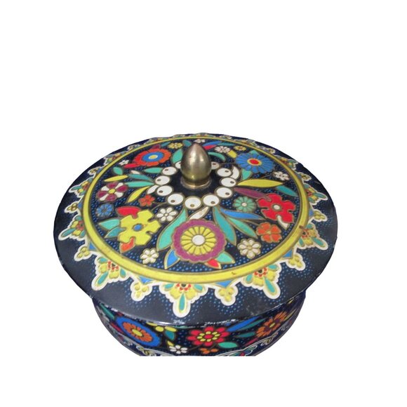 Daher Cloisonne Style 1970s Vintage Hand Painted Floral Biscuit Tin with Lid GUC - Picture 11 of 14